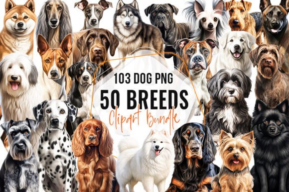 50 Breeds 103 Dogs Png Clipart Bundle Gráfico Ilustrações para Impressão Por Aspect_Studio