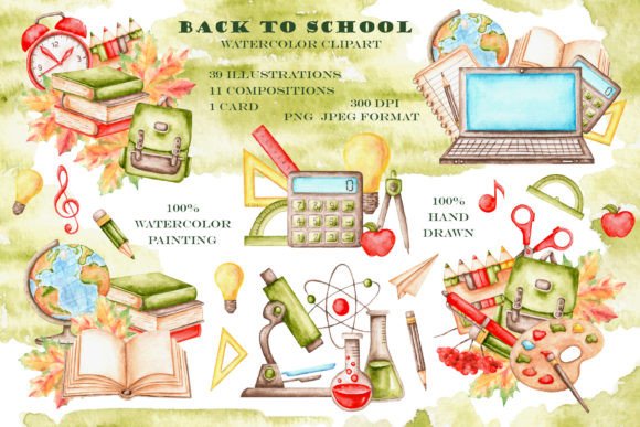 Back to School Watercolor Clipart. Books Graphic Illustrations By sabina.zhukovets