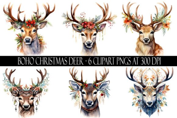 Boho Christmas Deer Clipart Graphic Illustrations By Digital Paper Packs