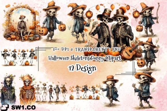 Watercolor Halloween Skeletons Funny Gráfico Ilustraciones Imprimibles Por sw1co design
