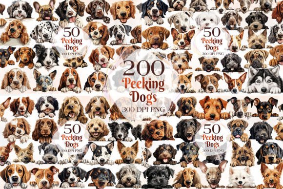 200 Breeds of Peeking Dogs Clipart Gráfico Ilustraciones Imprimibles Por Cat Lady