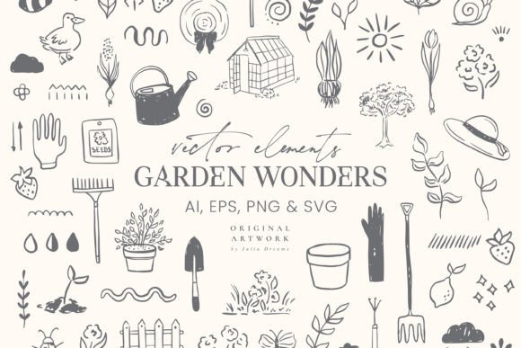 Garden Elements Vector Clipart Gardening Graphic Illustrations By Julia Dreams