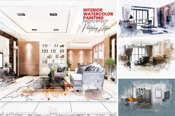 Interior Watercolor Painting Graphic Actions & Presets By mristudio