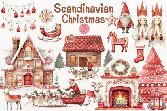 Scandinavian Christmas Watercolor PNG Graphic Illustrations By PimmyArt