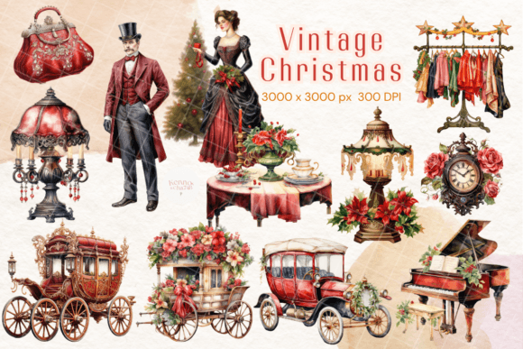 Vintage Christmas Watercolor Clipart Grafika Ilustracje do Druku Przez kennocha748