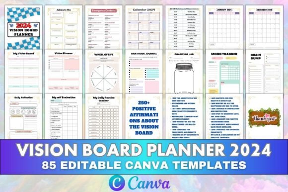 Canva Editable Vision Board Planner 2024 Graphic KDP Interiors By KDP Mount
