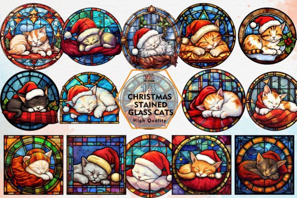 Christmas Stained Glass Cats Clipart PNG Gráfico Ilustraciones Imprimibles Por PIG.design