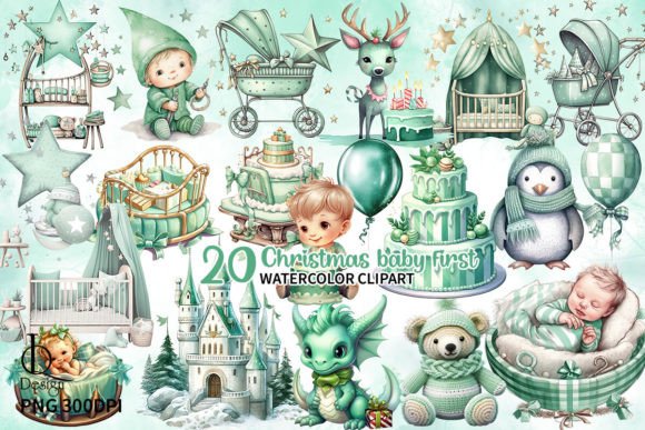 Mint Christmas Baby First Clipart PNG Illustration Illustrations Imprimables Par LQ Design