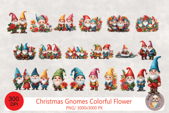 Christmas Gnomes Colorful Flower Clipart Gráfico Plantillas de Impresión Por StudioDigitalStore