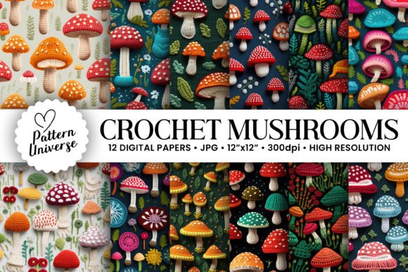 Crochet Mushroom Embroidery Backgrounds Gráfico Padrões de Papel Por Pattern Universe