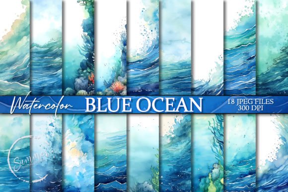 Blue Ocean Watercolor Stationery Papers Gráfico Fondos Por Summer Digital Design