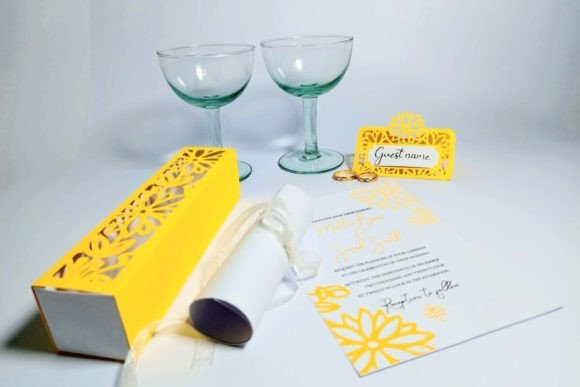 Daisy Flower Wedding Invitation Box and Table Place Card Conjuntos Manualidades SVG 3D Por 3D SVG Crafts