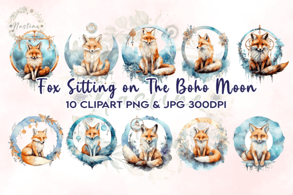Fox Sitting on the Boho Moon Clipart Graphic Crafts By Nastine
