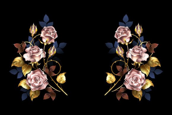 Symmetrical Composition Pink Gold Roses Graphic Illustrations By Blackmoon9