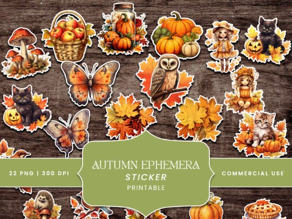 Autumn Ephemera Stickers Junk Journal Gráfico Planos de Fundo Por busydaydesign