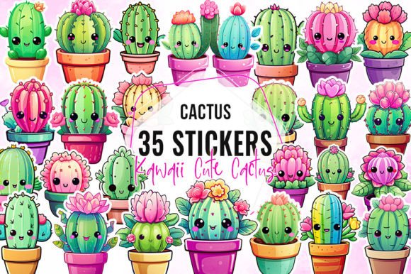 Kawaii Cute Cactus Stickers Collection Gráfico Ilustraciones Imprimibles Por Aspect_Studio