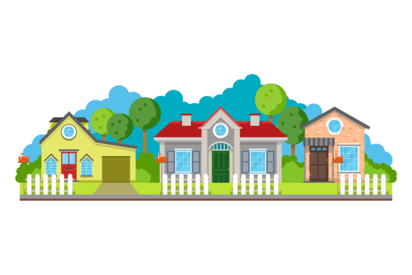 Suburbian Building Street Exterior. Town Graphic Illustrations By microvectorone