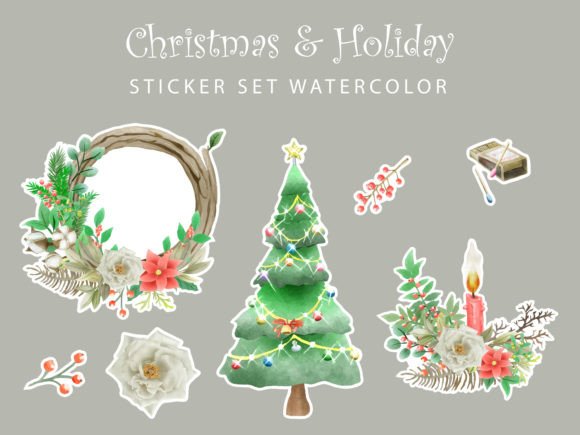 Cute Christmas Watercolor Sticker Set Gráfico Ilustrações para Impressão Por Theresia Studio