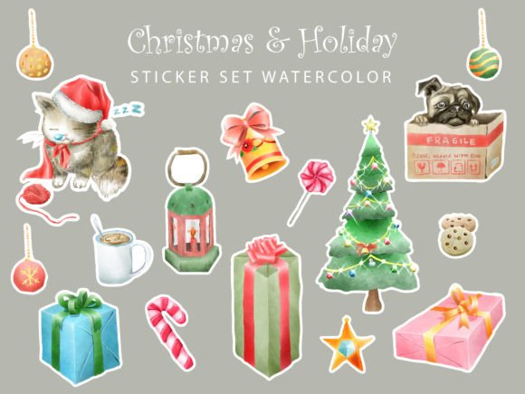 Cute Christmas Watercolor Sticker Set Grafik Druckbare Illustrationen Von Theresia Studio