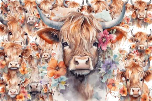 Watercolor Baby Highland Cow in Boho Illustration Artisanat Par clipart_Live