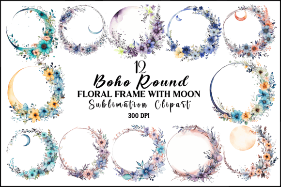 Boho Round Floral Frame with MoonClipart Grafik KI Illustrationen Von Naznin sultana jui