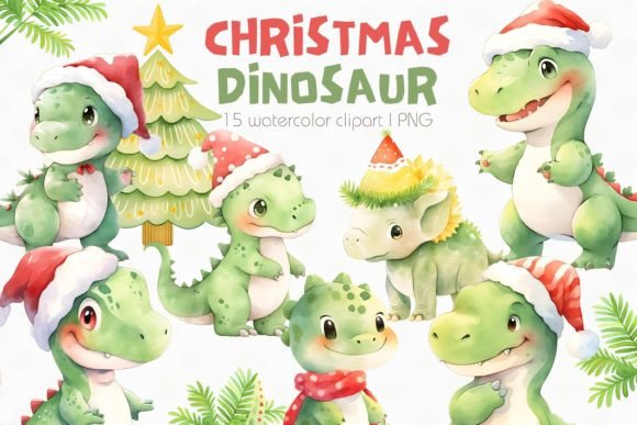 Christmas Dinosaur Watercolor Clipart Graphic Illustrations By Bunnyxart