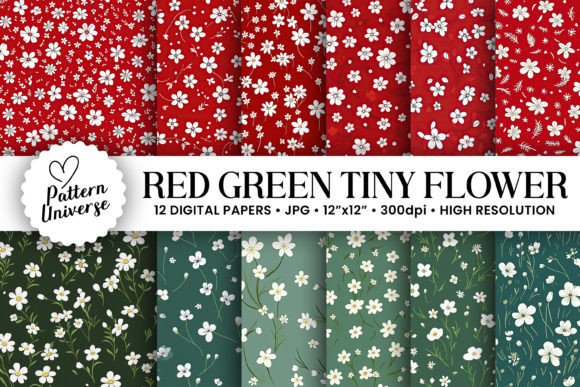 Red & Green Cute Tiny Floral Patterns Gráfico Patrones de Papel Por Pattern Universe