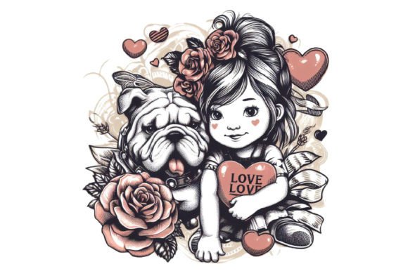 Vector Illustration with Bulldog and Girl Gráfico Manualidades Por Crazy Cat