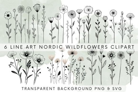 6 Nordic Wild Flowers Line Art SVG PNG Gráfico Ilustraciones Imprimibles Por SaraDesign2