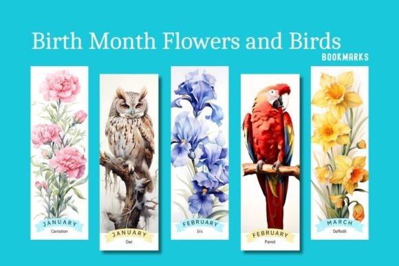 Birth Month Flowers and Birds Bookmarks Illustration Illustrations AI Par Lady P Graphics