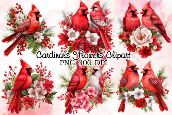 Cardinals Flowers Clipart Bundle Gráfico Ilustraciones Imprimibles Por Little Girl