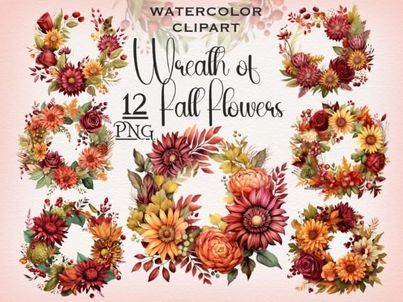 Fall Flower Wreath Clipart Graphic Illustrations By FantasyDreamWorld