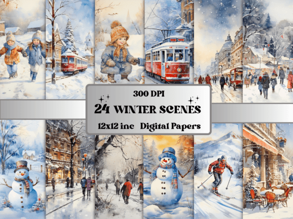 Watercolor Winter Scenes Digital Paper Graphic Backgrounds By giraffecreativestudio