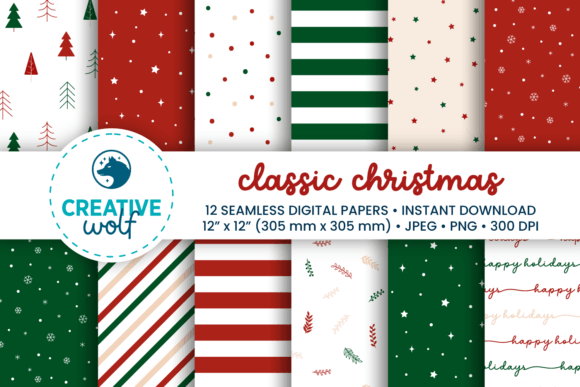 Classic Christmas Seamless Digital Paper Graphic Patterns By Creative Wolf Design