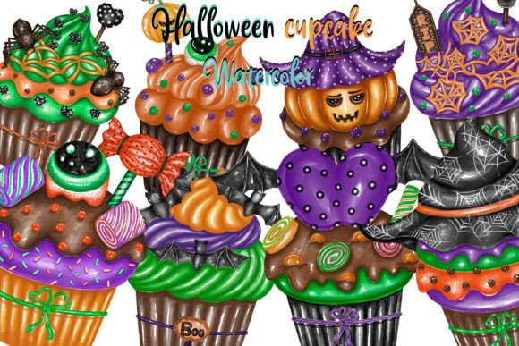 Halloween Cupcake Watercolor (Clipart) Gráfico Ilustraciones Imprimibles Por auauaek4