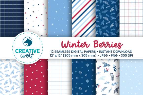Winter Berries Seamless Patterns Pack Grafica Motivi di Carta Di Creative Wolf Design