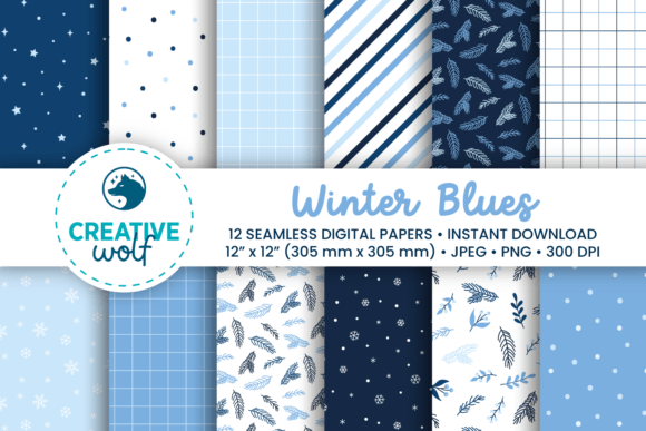 Winter Blues Seamless Patterns Set of 12 Graphic Patterns By Creative Wolf Design