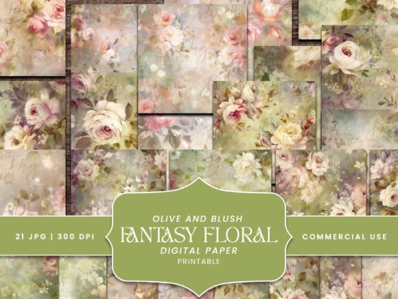 Blush and Olive Fantasy Floral Old Paper Graphic Backgrounds By busydaydesign