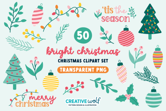 Bright Christmas Clipart Set of 50 Graphic Illustrations By Creative Wolf Design