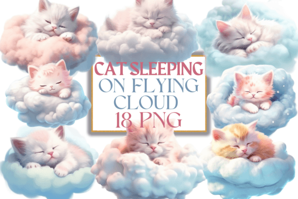 Cat Sleeping on Flying Cloud Clipart Graphic Illustrations By Digital Xpress