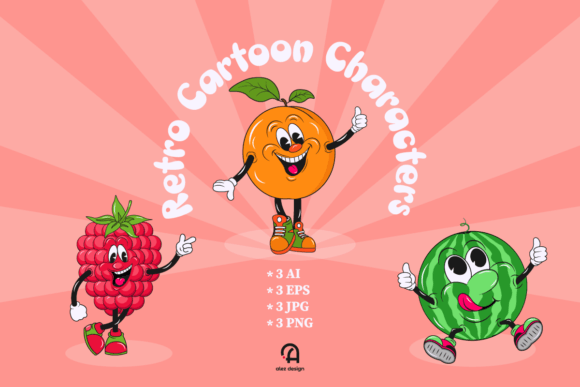 Fruits Retro Cartoon Characters Set Graphic Crafts By AlezDesign