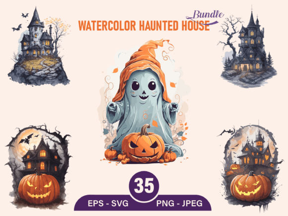Haunted House, Halloween Clip Art Bundle Grafik KI Illustrationen Von phoenixvectorarts