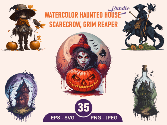 Haunted House,Scarecrow,grim, PNG Bundle Gráfico Ilustraciones IA Por phoenixvectorarts