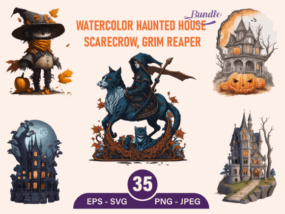 Haunted House,Scarecrow,grim, PNG Bundle Gráfico Ilustraciones IA Por phoenixvectorarts