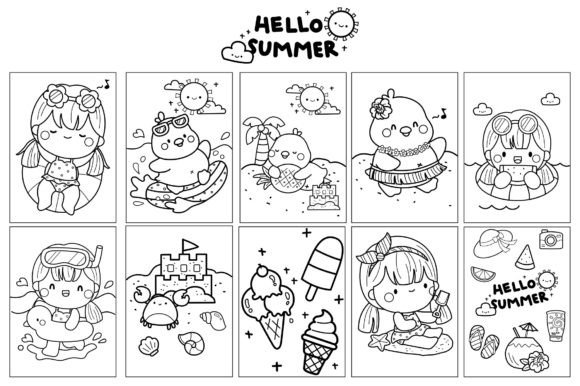 Hello Summer Coloring Pages Books Graphic Illustrations By Inkley Studio