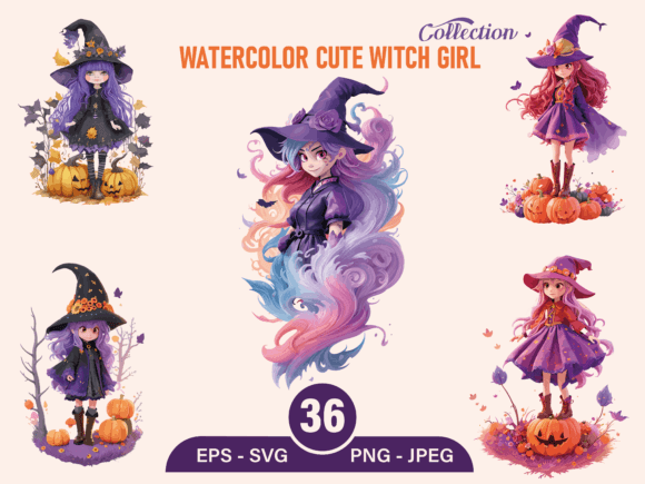 Watercolor Witch, Halloween Bundle PNG Graphic AI Illustrations By phoenixvectorarts