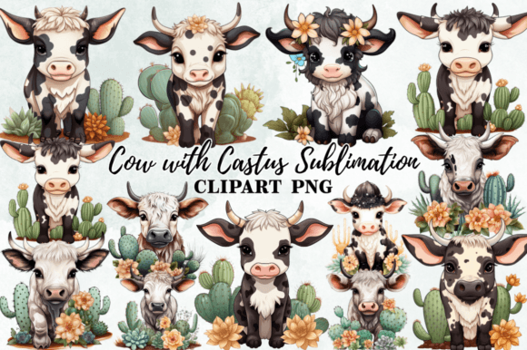 Cow with Castus Sublimation Clipart Grafika Ilustracje do Druku Przez Crafticy