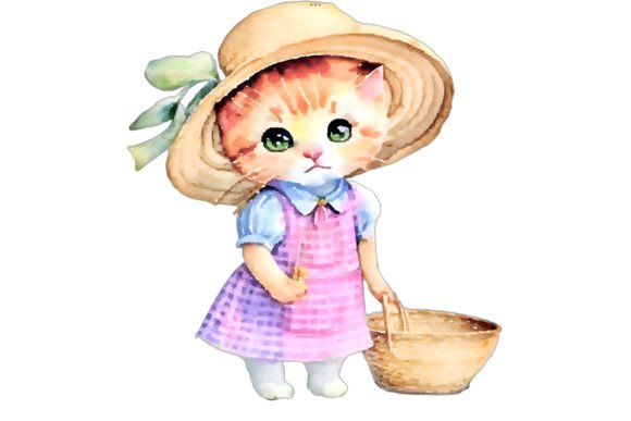 Cute Kitten in Straw Hat Graphic Illustrations By Sophie Clima