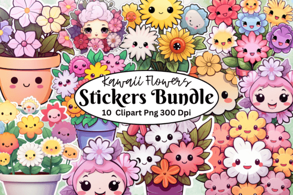 Kawaii Flowers Stickers Bundle Gráfico Ilustraciones Imprimibles Por Crafticy