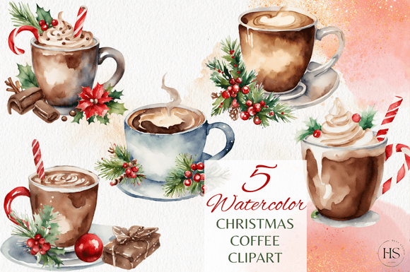 5 Watercolor Christmas Hot Chocolate Set Grafik Druckbare Illustrationen Von Heyv Studio